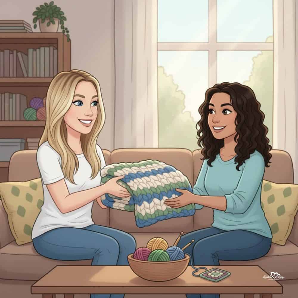 Two women sitting together on a couch and sharing a handmade crochet blanket with yarn and crochet projects nearby.