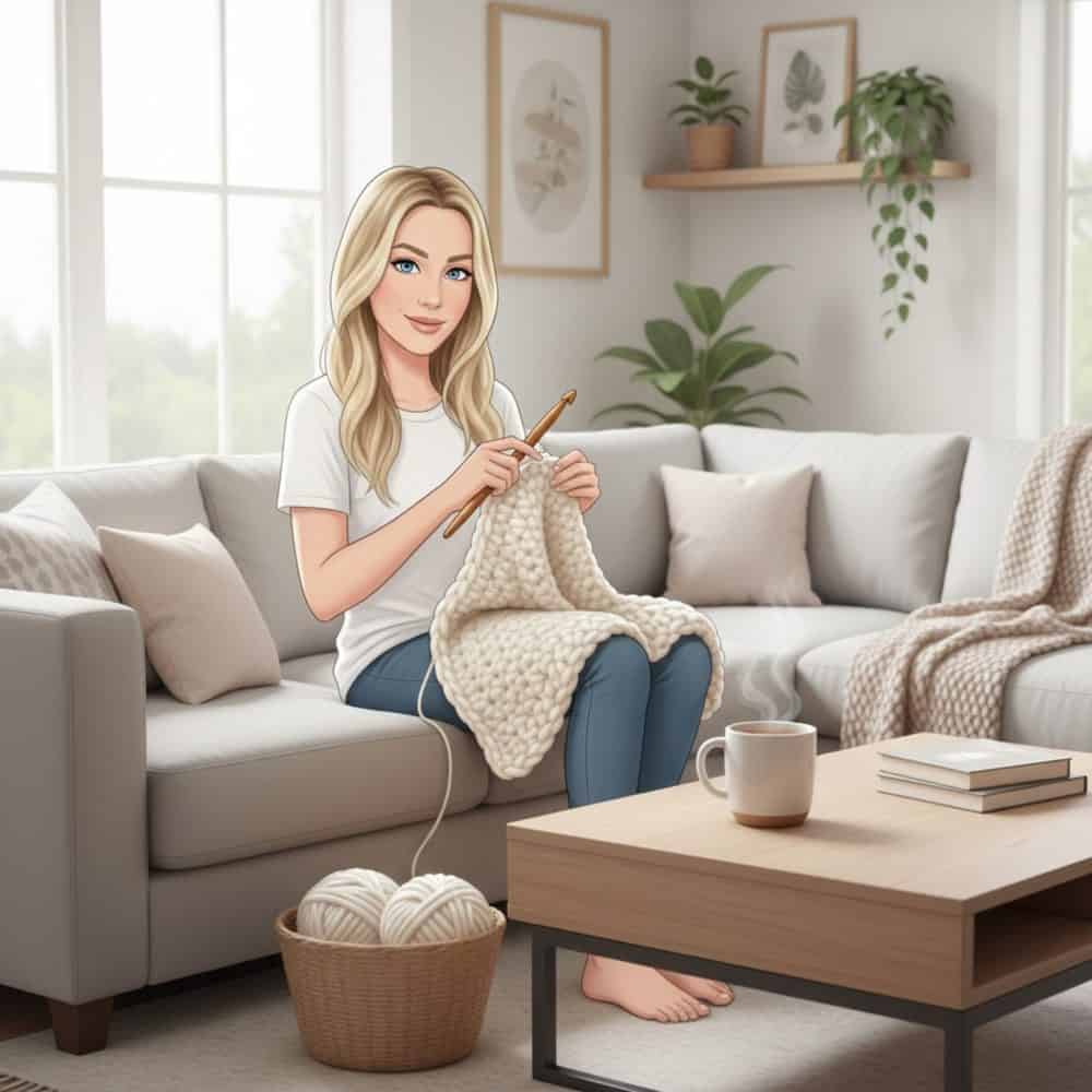 Avatar calmly crocheting a soft blanket on a cozy couch with yarn, a coffee mug, and natural light nearby.