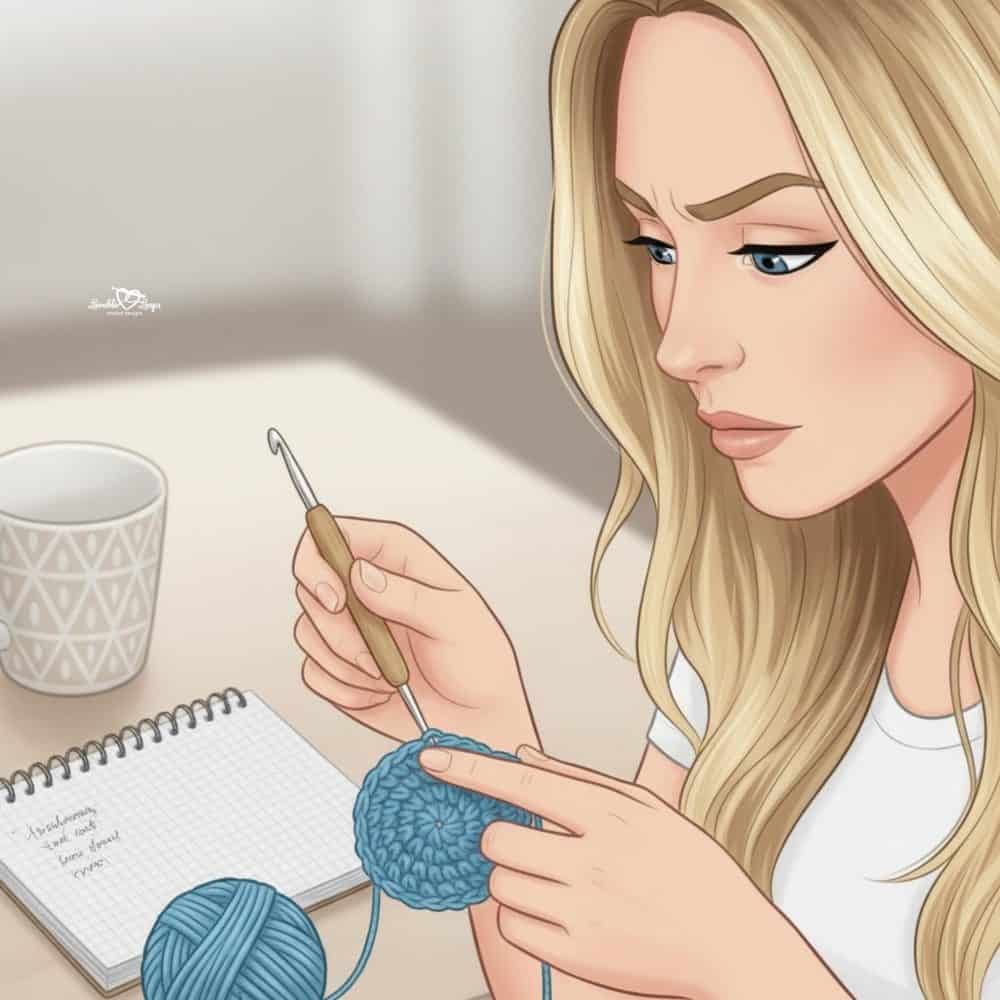 Avatar closely following a crochet pattern while working on a blue crochet project with yarn and a notebook nearby.