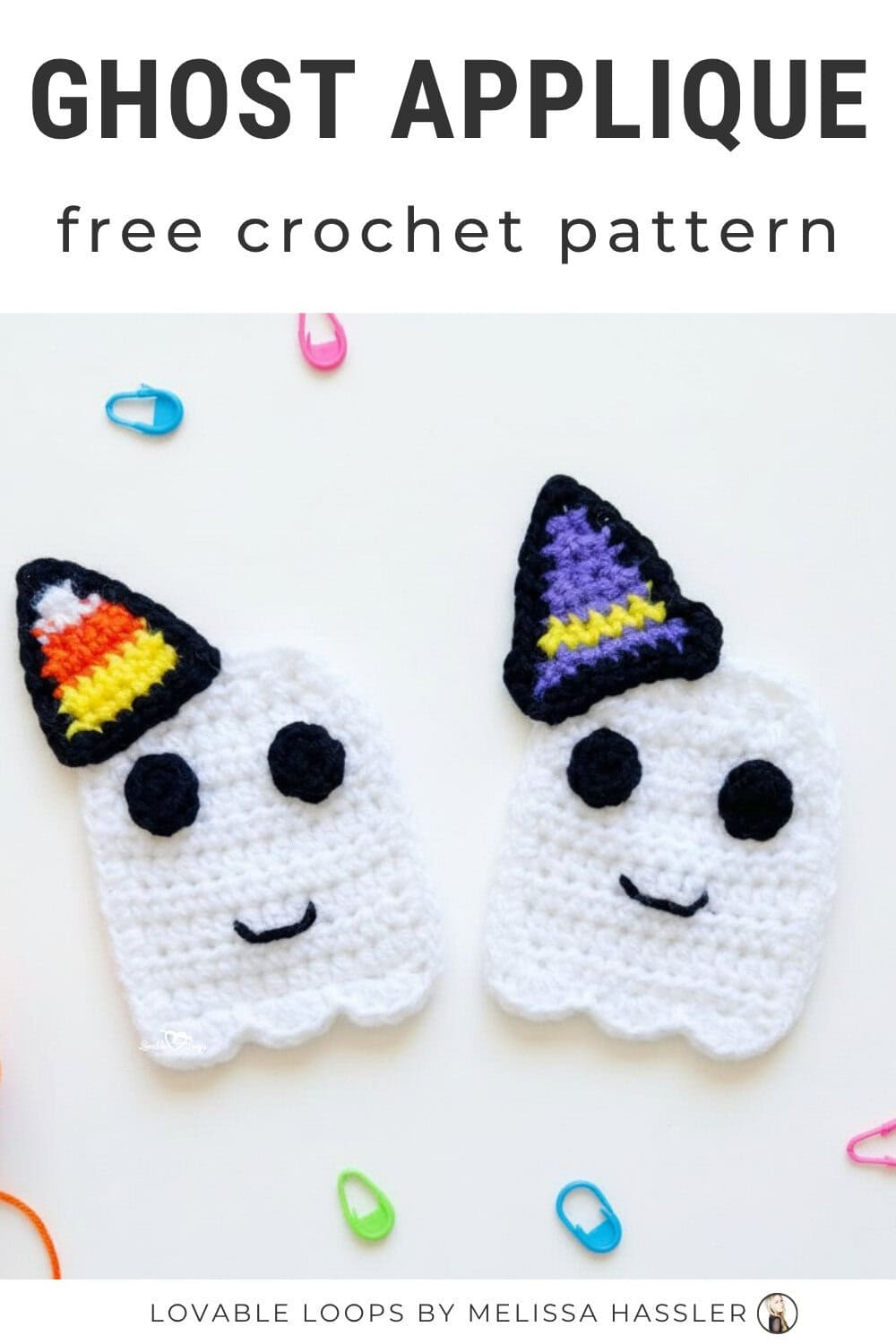 Ghost applique crochet pattern displayed on a bright white desktop with two cute crochet ghosts wearing Halloween hats and simple craft tools around them.