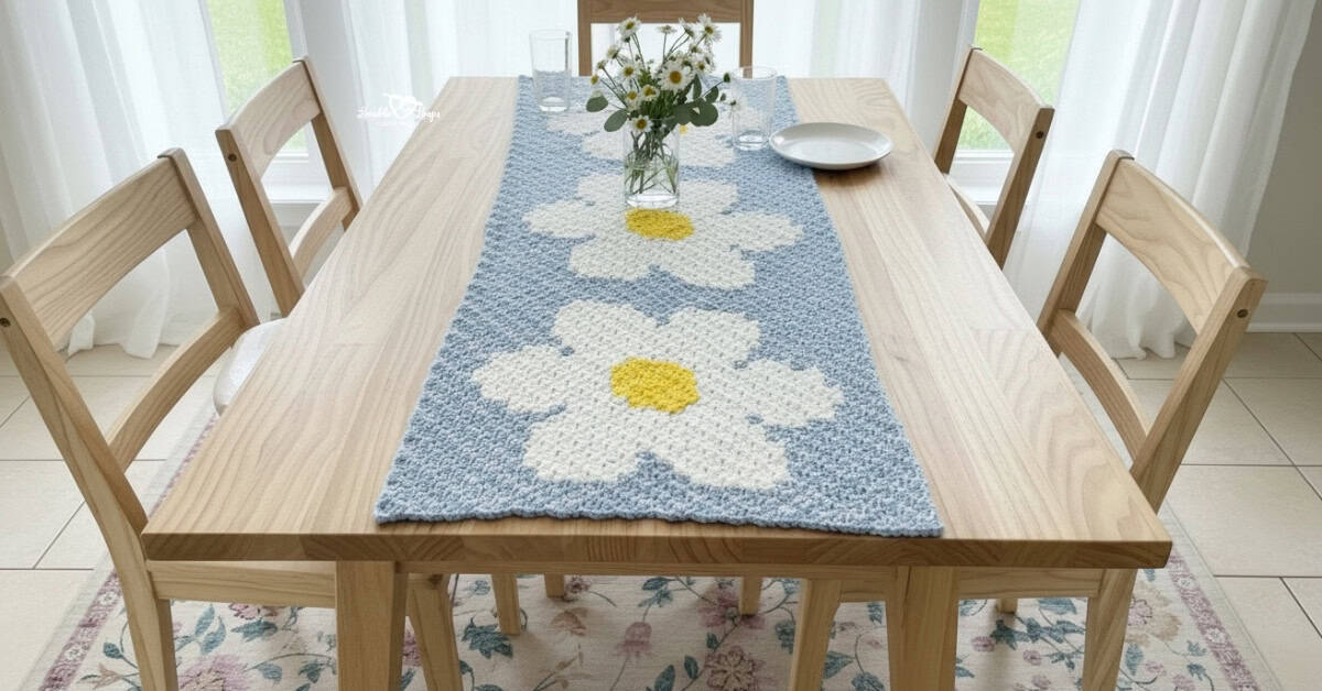 Crochet daisy table runner with large white daisies and yellow centers displayed on a light wood dining table with chairs and a vase of fresh flowers.