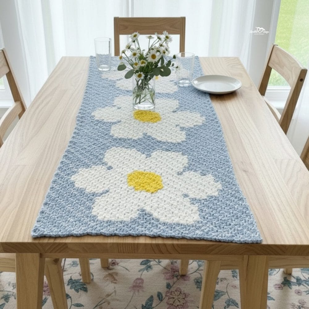 Crochet daisy table runner with large white daisies and yellow centers displayed on a light wood dining table with chairs and a vase of fresh white flowers.