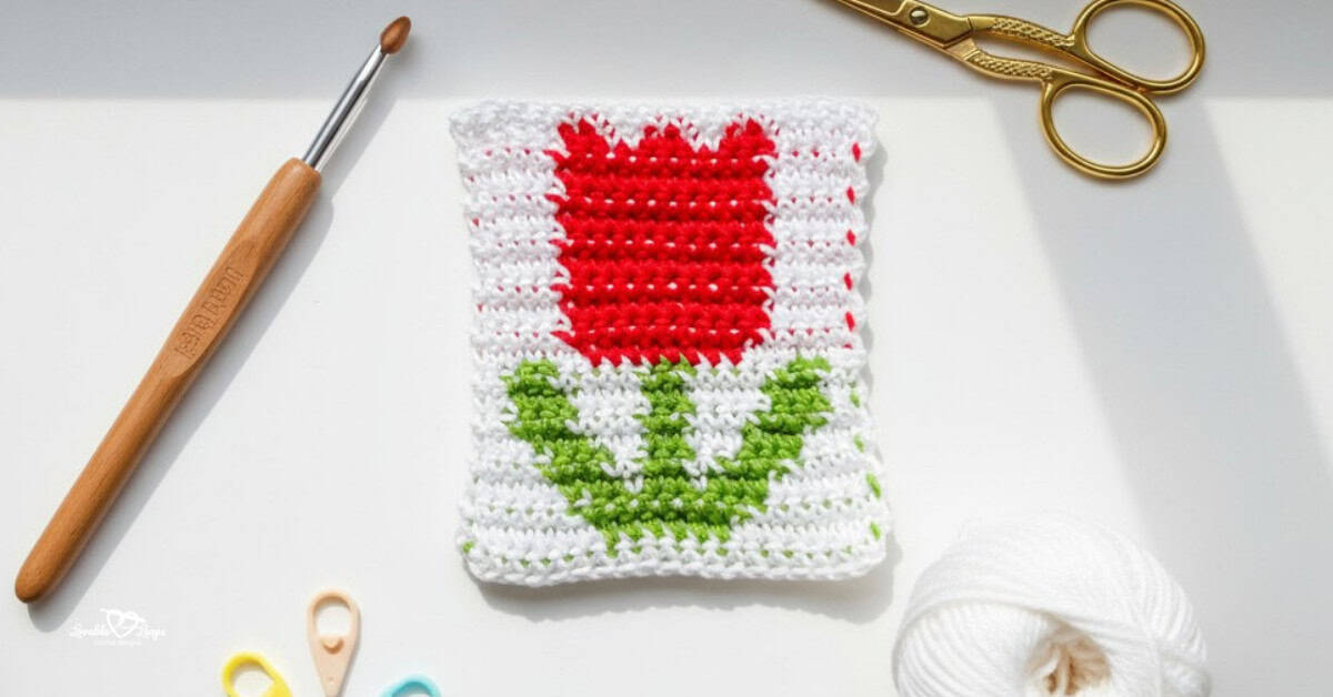 Overhead view of a white crochet flower square with a red tulip and green leaves on a white desk, styled with a crochet hook, gold scissors, yarn, and colorful stitch markers.
