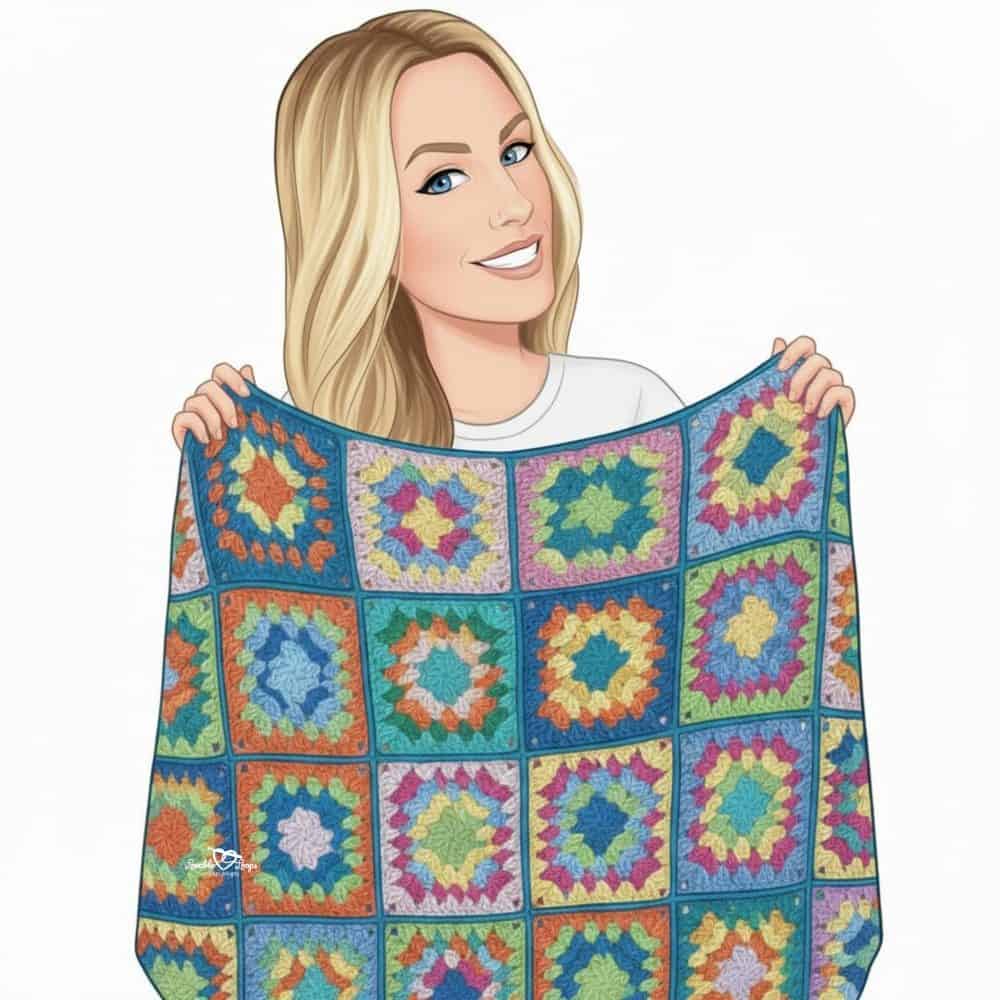 Avatar smiling while holding up a colorful finished granny square crochet blanket.