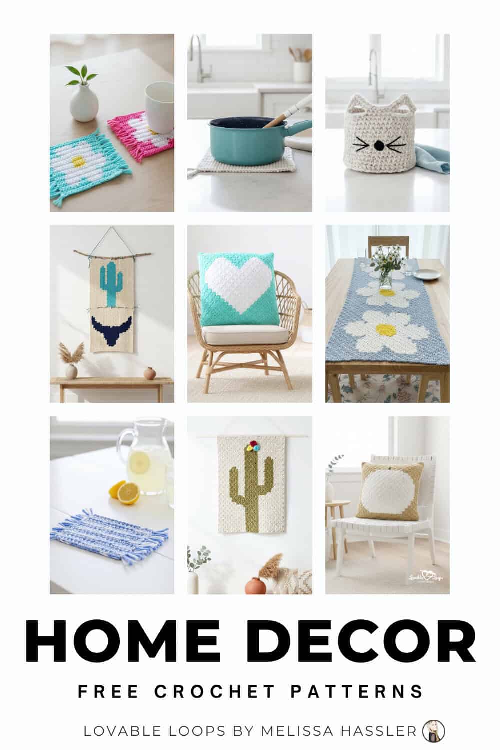 Pinterest pin for free crochet home decor patterns featuring a collage of pillows, coasters, baskets, wall hangings, a table runner, and other handmade crochet decor.