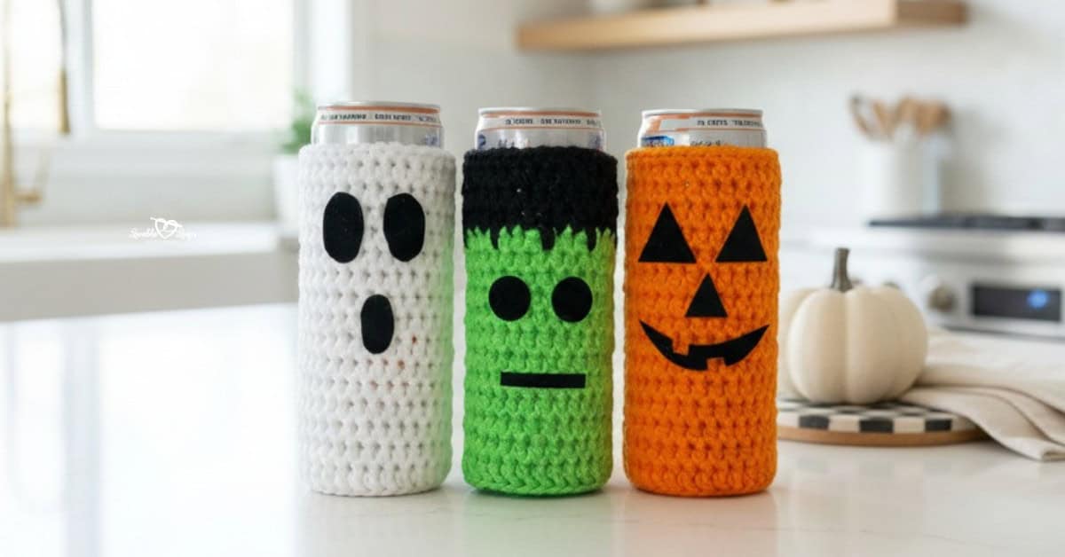 Three crochet Halloween can koozies on a white kitchen island, featuring ghost, Frankenstein, and jack-o’-lantern designs with a small white pumpkin in a bright modern kitchen.