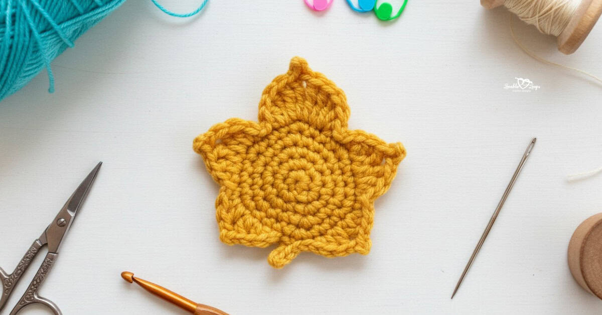 Crochet maple leaf applique in mustard-gold yarn centered on a white desktop with scissors, a crochet hook, yarn, a yarn needle, and colorful stitch markers around the edges.