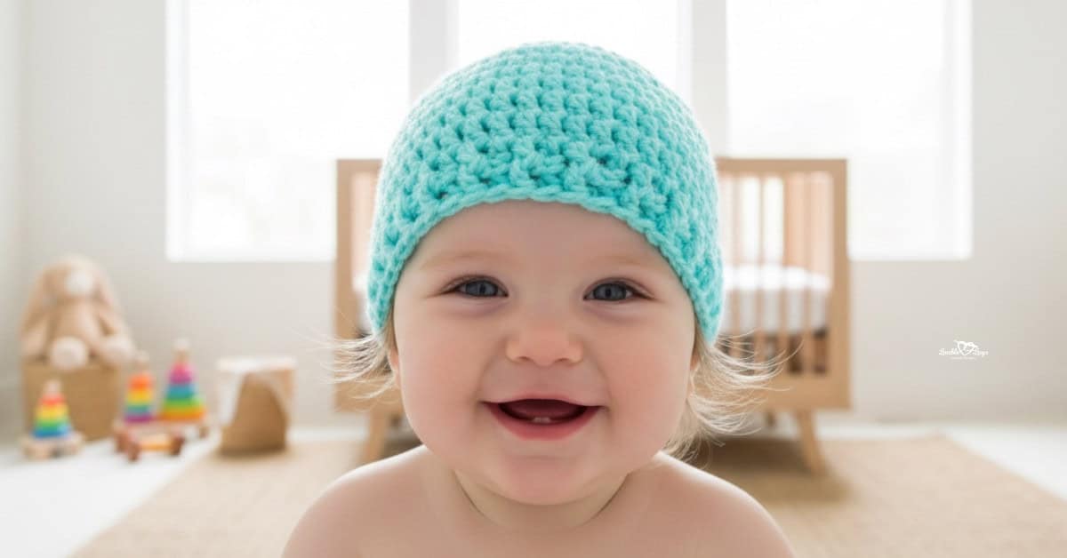 Baby wearing a turquoise crochet beanie, smiling in a bright nursery with a wooden crib and soft neutral decor.