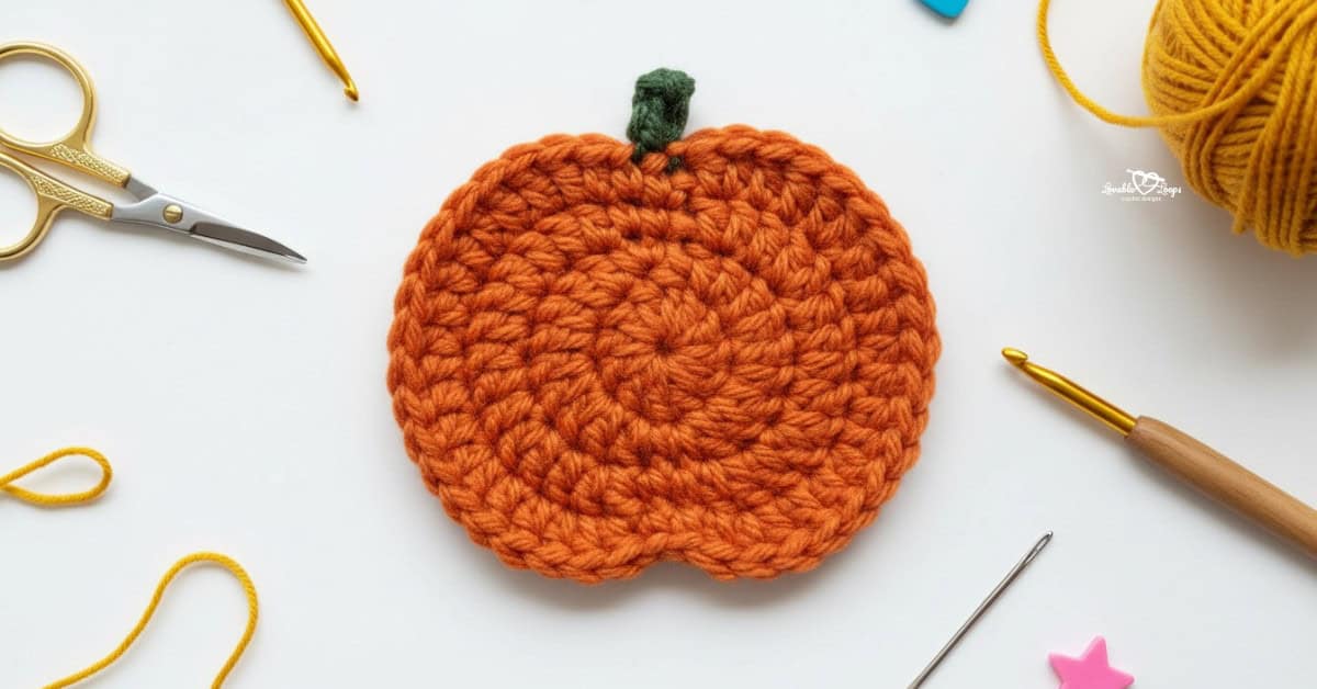 Orange crochet pumpkin applique with a small green stem centered on a white desktop with scissors, a crochet hook, yarn, a yarn needle, and small colorful craft details around it.