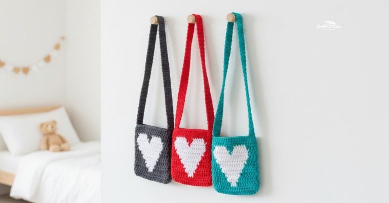 Three small crochet heart purses hanging from wooden pegs on a white wall in a bright kids room, shown in dark gray, red, and teal with white heart designs on the front.
