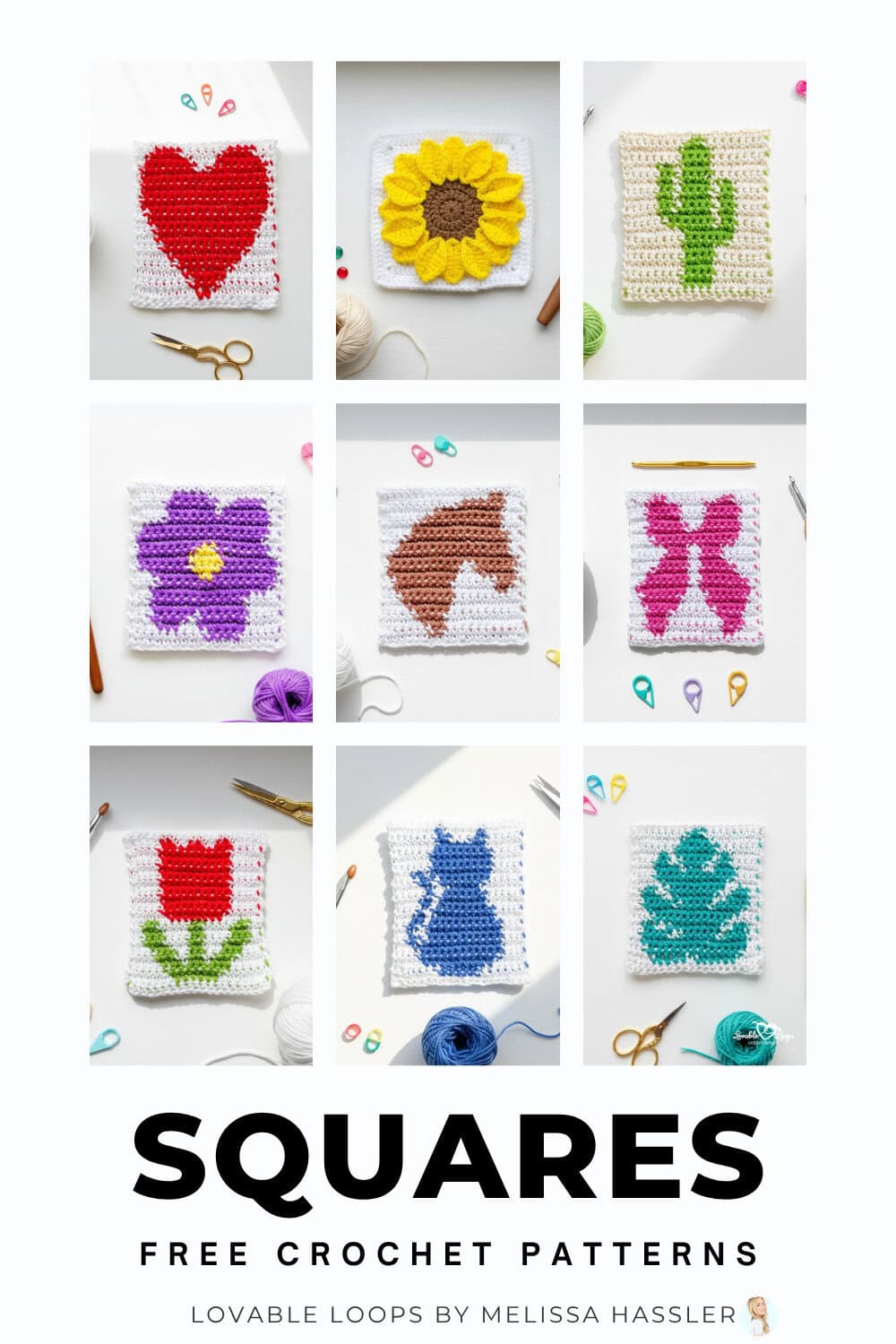 Pinterest pin for crochet square patterns featuring a grid of colorful crochet squares, including a heart, sunflower, cactus, flower, horse head, bow, tulip, cat, and monstera leaf, with text that says &ldquo;Squares Free Crochet Patterns.&rdquo;