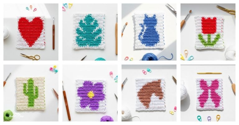 Collage of crochet square patterns arranged in a grid, including a heart, monstera leaf, cat, tulip, cactus, flower, horse head, and bow crochet squares on a bright white background with crochet hooks and yarn.