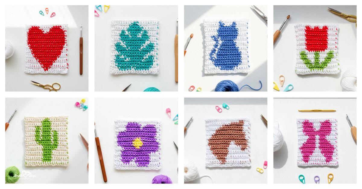Collage of crochet square patterns arranged in a grid, including a heart, monstera leaf, cat, tulip, cactus, flower, horse head, and bow crochet squares on a bright white background with crochet hooks and yarn.