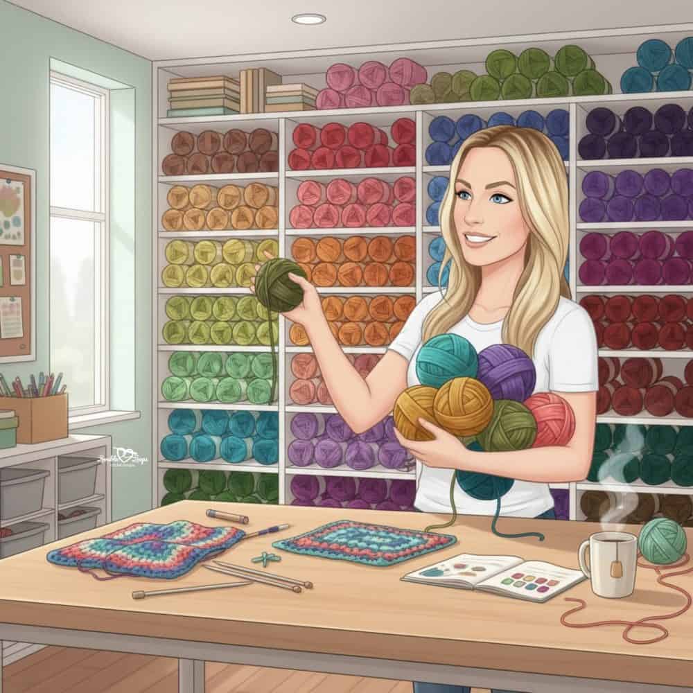 Avatar choosing colorful yarn in a craft room with crochet swatches and project notes on the table.