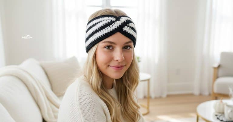 Woman wearing a black and white striped crochet twisted headband in a bright airy living room.