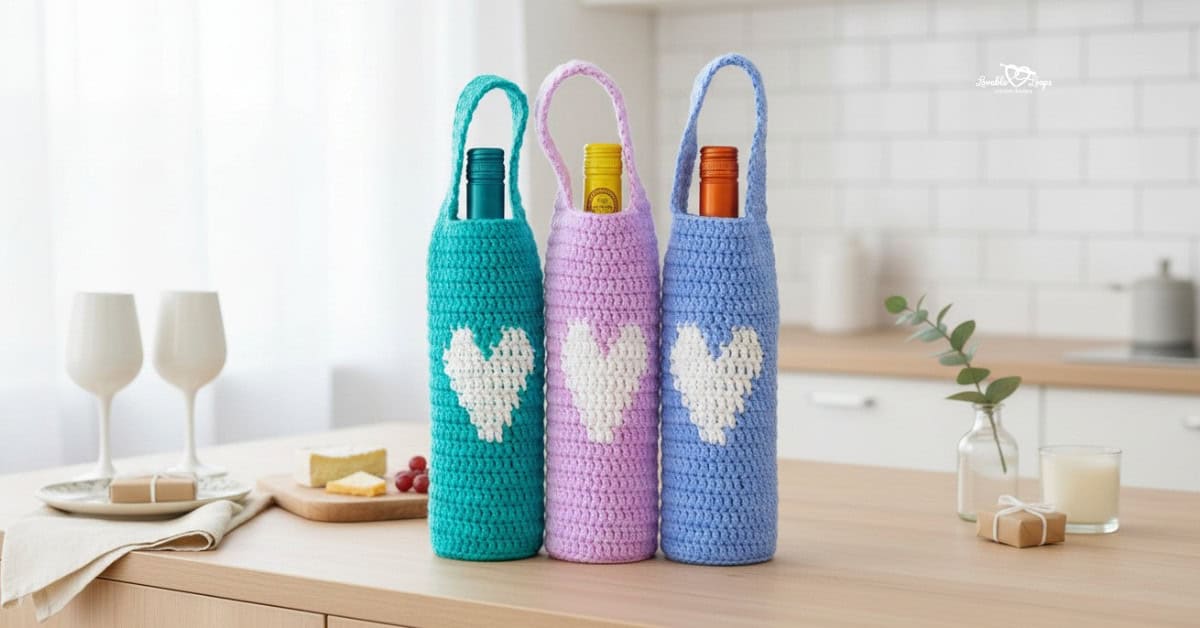 Colorful crochet heart wine bottle bags arranged on a bright kitchen island with wine glasses, a small cutting board, greenery, and soft modern kitchen styling.