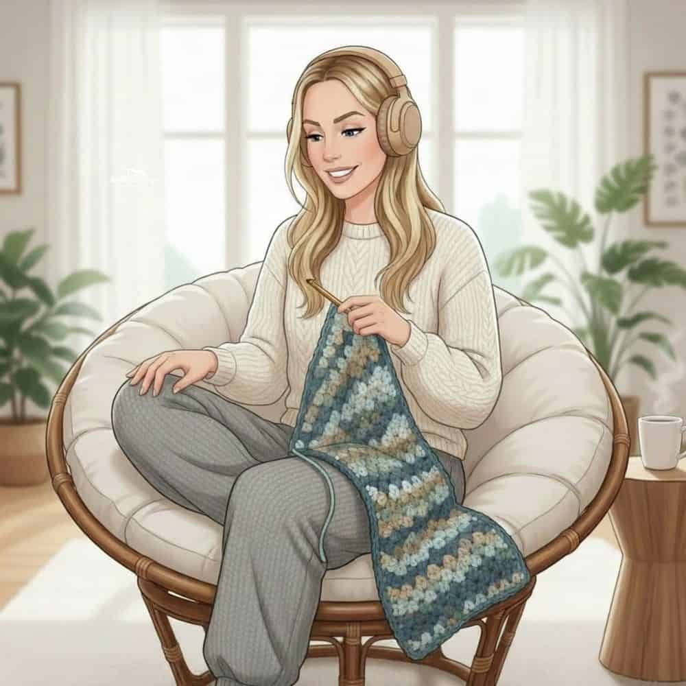 Avatar peacefully crocheting in a cozy chair while wearing headphones with a warm drink nearby.