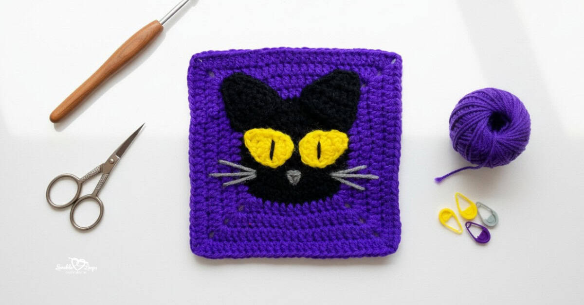 Overhead view of a purple crochet granny square with a black cat face applique and bright yellow eyes, styled on a white desk with a crochet hook, scissors, purple yarn, and colorful stitch markers.