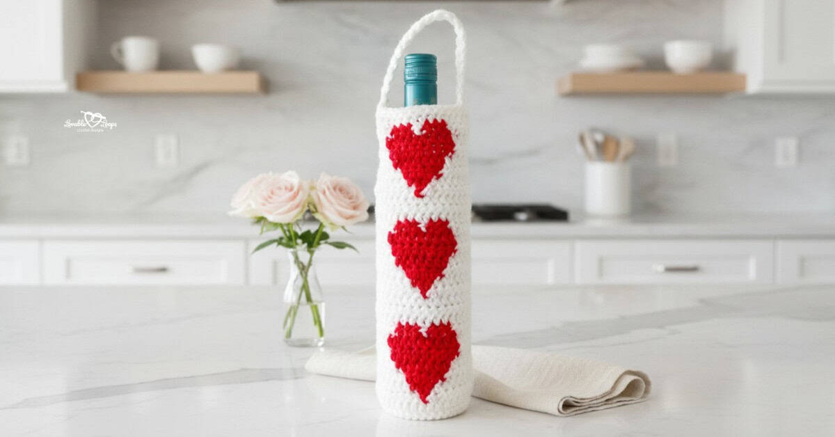 White crochet wine bottle holder with three red hearts standing on a white kitchen island, styled with pale pink roses and a cream linen napkin in a bright kitchen.