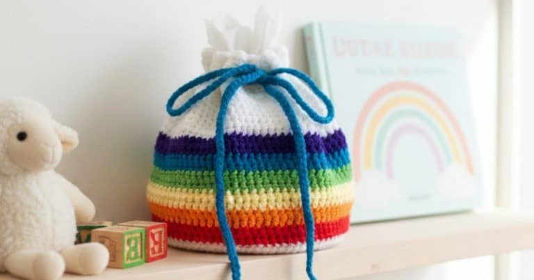 Rainbow crochet drawstring bag sitting on a light wood shelf in a kids room, lightly filled with tissue paper and styled beside a plush lamb, toy blocks, and rainbow wall art.
