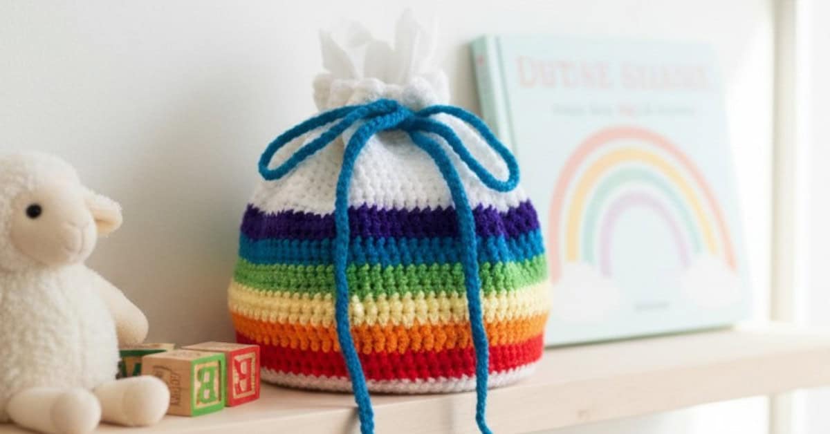 Rainbow crochet drawstring bag sitting on a light wood shelf in a kids room, lightly filled with tissue paper and styled beside a plush lamb, toy blocks, and rainbow wall art.