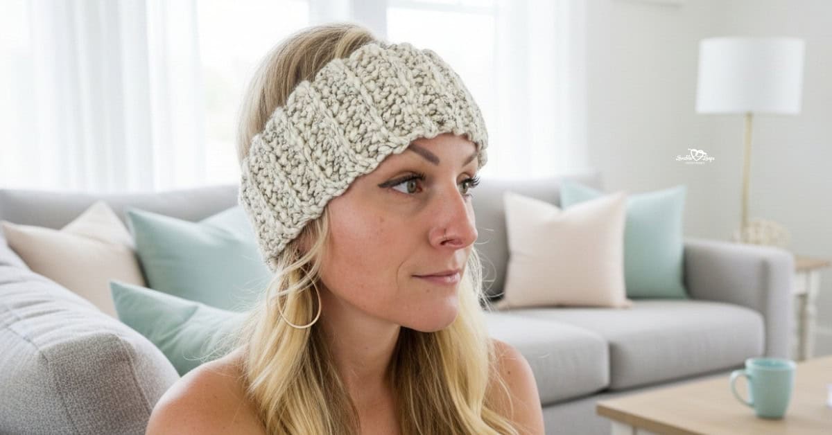 Woman wearing a chunky cream crochet ear warmer with textured stitches in a soft neutral living room.