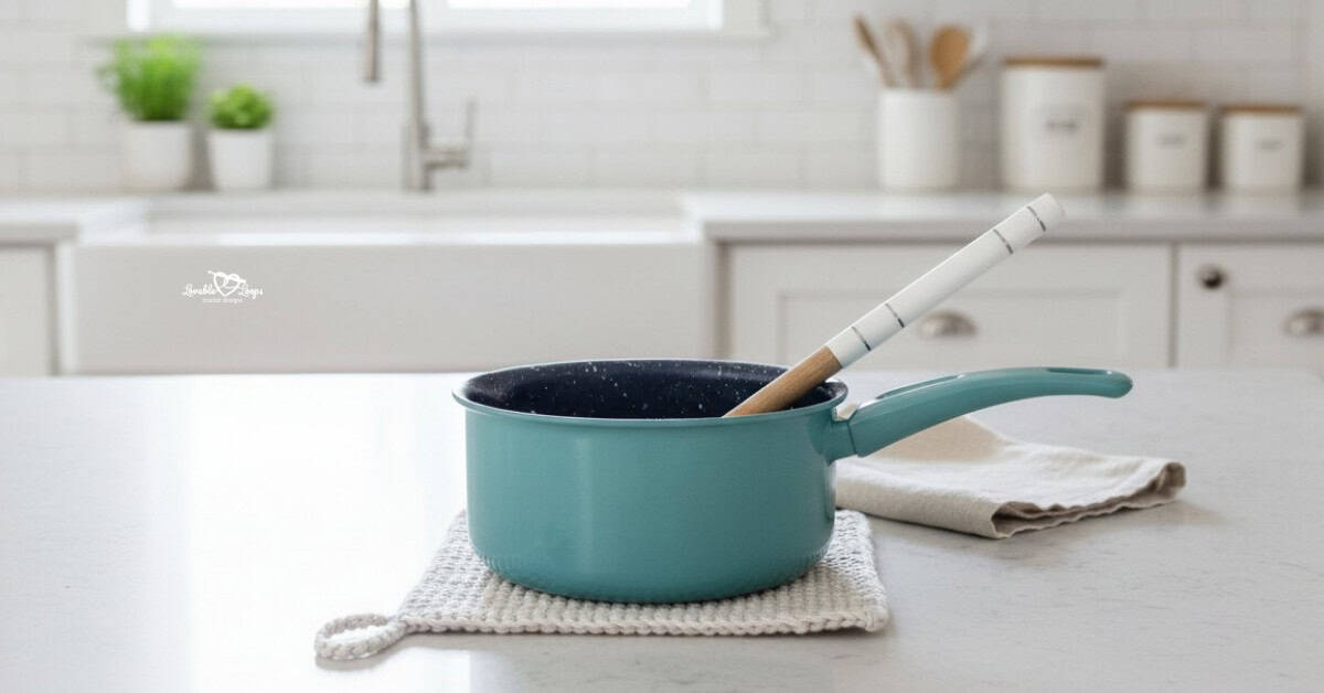 Thick white crochet potholder on a bright kitchen island with a teal saucepan resting on top and a neutral linen napkin nearby.