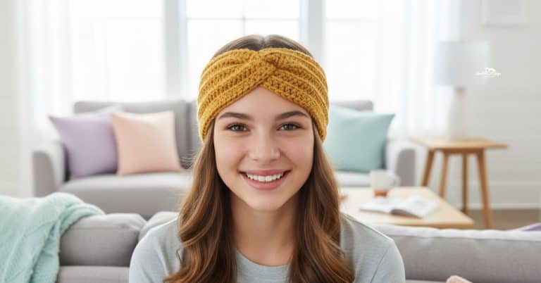 Girl smiling while wearing a mustard yellow crochet twisted headband in a bright white living room.