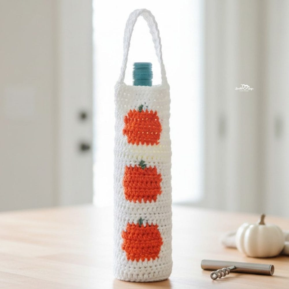 Crochet pumpkin wine bottle bag displayed on a bright kitchen island with simple fall decor in a modern white kitchen.