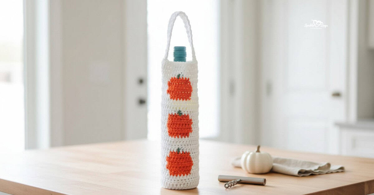 White crochet wine bottle holder with orange pumpkin motifs standing on a light wood kitchen island, styled with a small white pumpkin, corkscrew, and folded napkin.