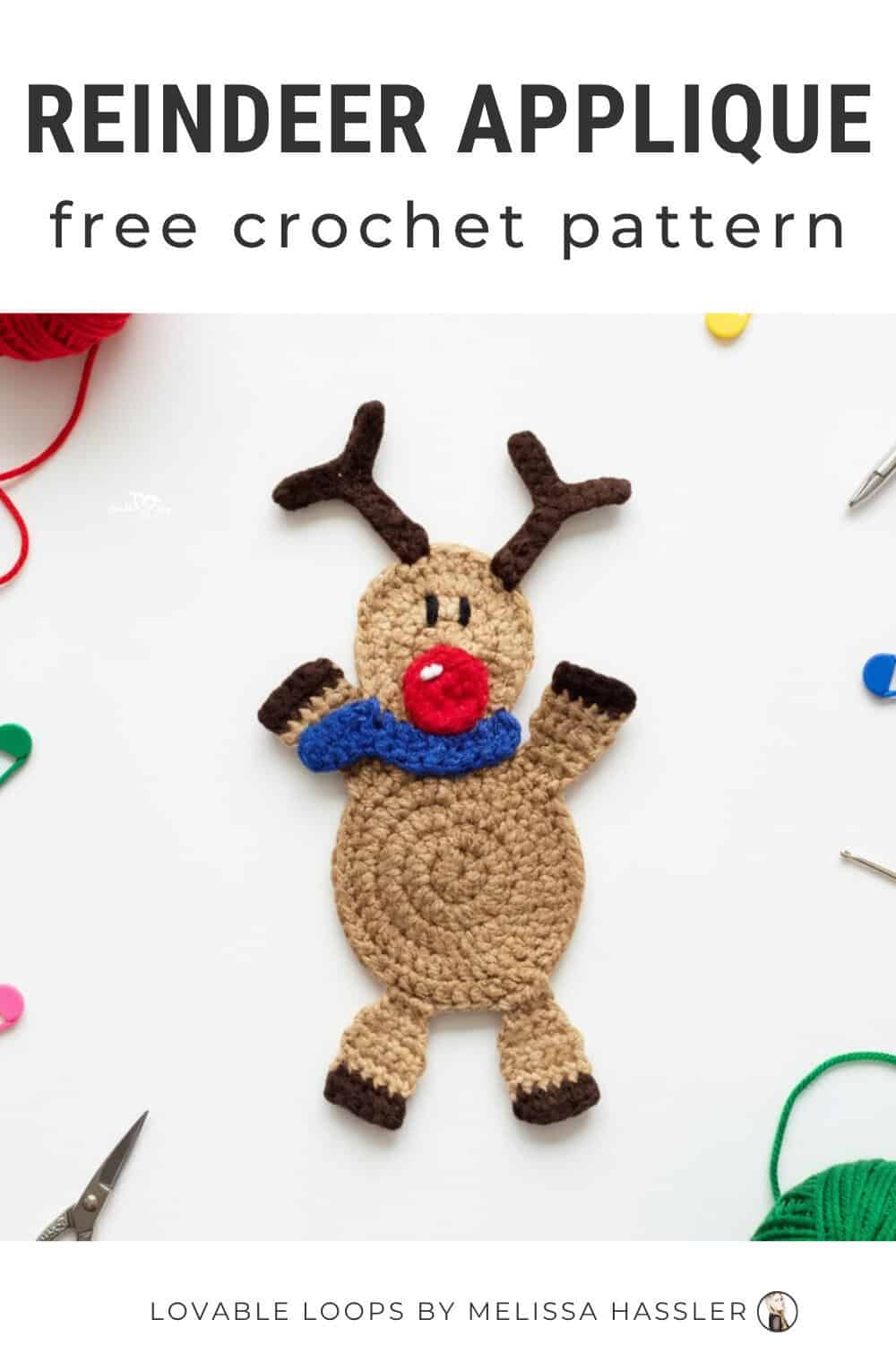 Reindeer applique crochet pattern displayed on a bright white desktop with a cute crochet reindeer and simple craft tools around it.