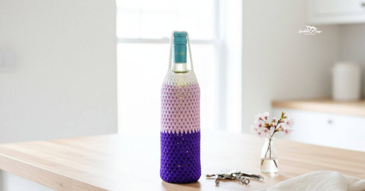 Color block crochet wine bottle bag displayed on a bright kitchen island with soft floral accents and a clean modern kitchen background.