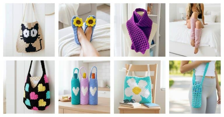 Collage of free crochet accessory patterns including a scarf, slippers, leg warmers, bottle holders, a water bottle holder, and several crochet bags.