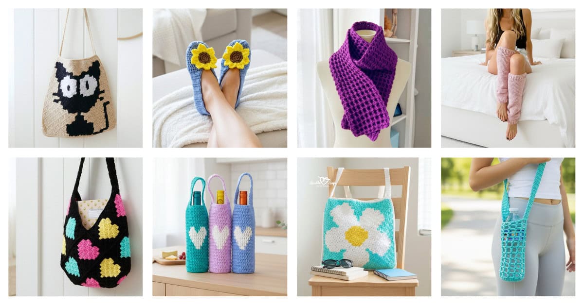 Collage of free crochet accessory patterns including a scarf, slippers, leg warmers, bottle holders, a water bottle holder, and several crochet bags.