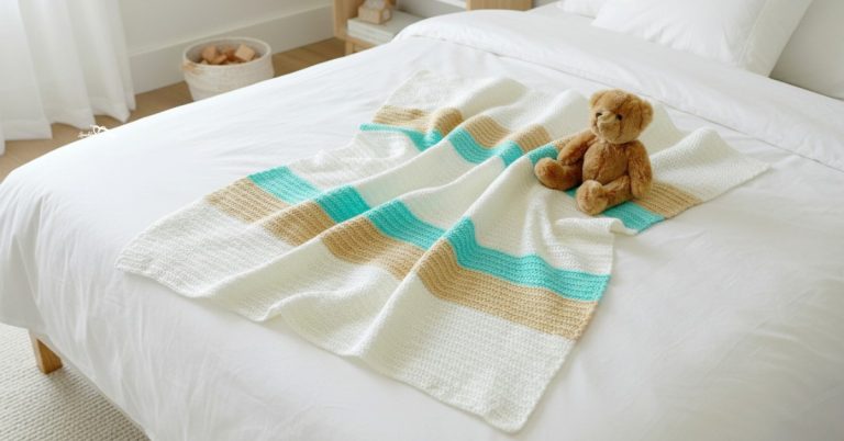 Neutral striped crochet baby blanket draped across a white bed in a bright nursery with a teddy bear on top.