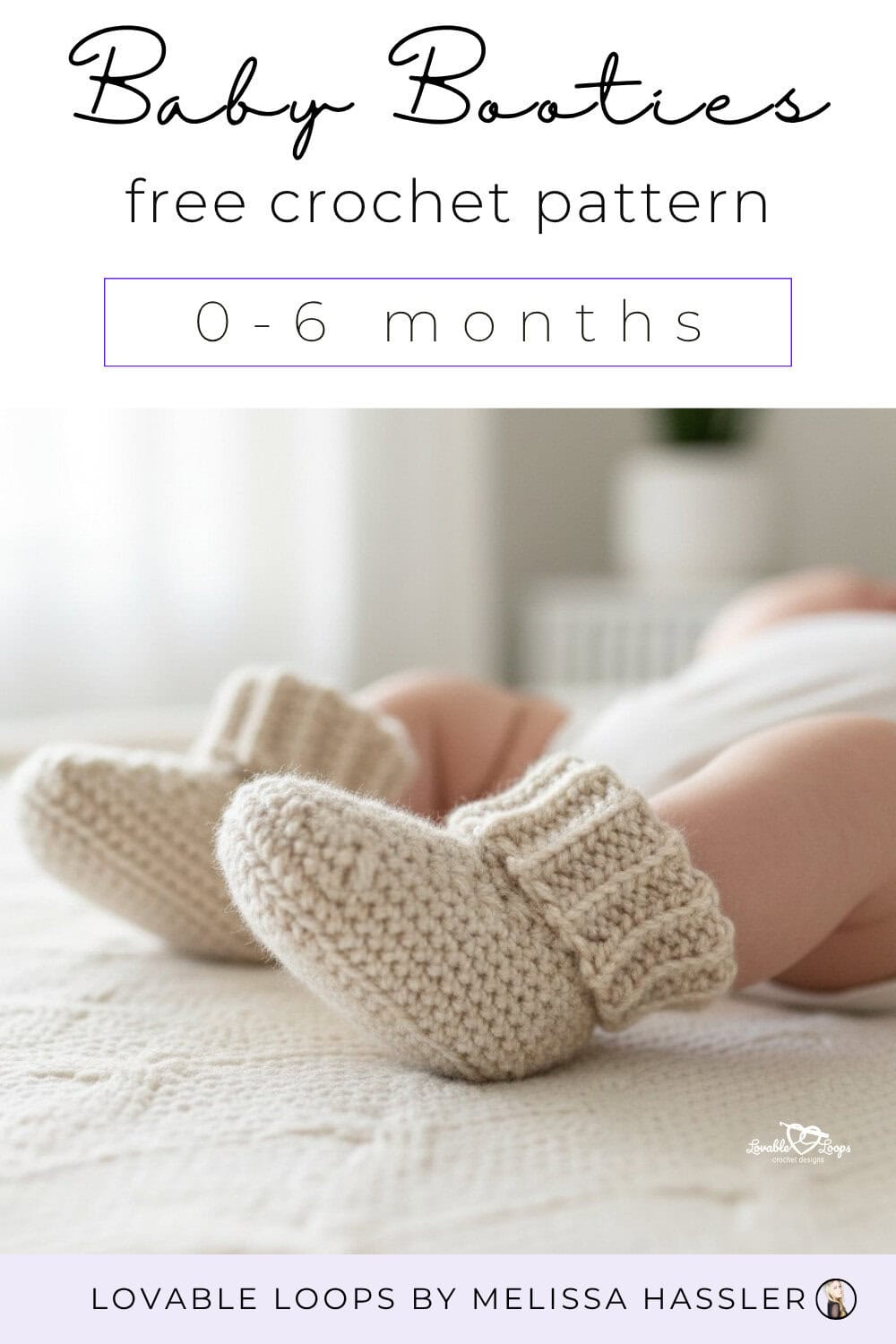 Cream crochet baby booties with ribbed cuffs lying on a white blanket, shown for an easy baby booties crochet pattern for beginners.