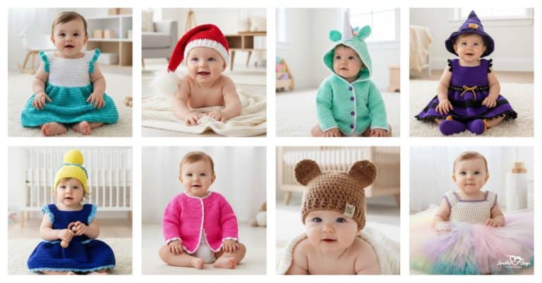 Free crochet baby patterns collage featuring handmade baby crochet dresses, cardigans, hats, and costume outfits, including a Santa hat, unicorn hoodie, bear hat, witch dress, and pastel tutu dress.