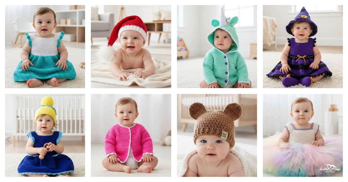 Free crochet baby patterns collage featuring handmade baby crochet dresses, cardigans, hats, and costume outfits, including a Santa hat, unicorn hoodie, bear hat, witch dress, and pastel tutu dress.