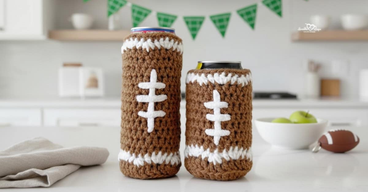 Two brown crochet football can koozies on a white kitchen island, shown in slim and standard can sizes with football lace details and soft neutral kitchen styling.