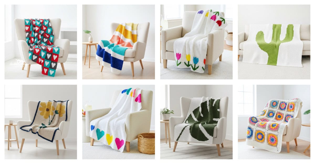 Collage of free crochet blanket patterns displayed on cream chairs in bright neutral rooms, including heart, striped, tulip, cactus, daisy, and leaf blanket designs.
