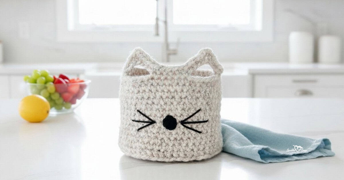 Cream crochet cat ear basket with black whiskers and nose on a bright kitchen island, styled with a blue cloth and a bowl of grapes and tomatoes nearby.