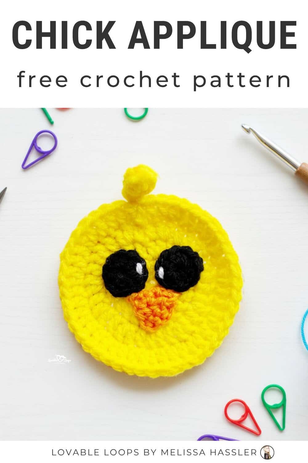 Chick applique crochet pattern displayed on a bright white desktop with a yellow crochet chick and simple crochet tools around it.