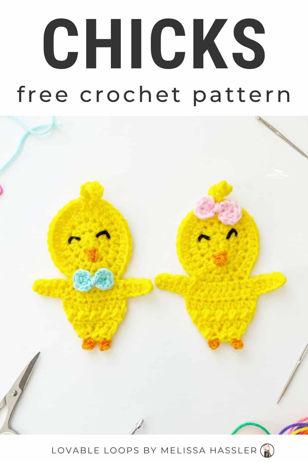Chicks crochet pattern displayed on a bright white desktop with two yellow crochet chick appliques and simple craft tools around them.