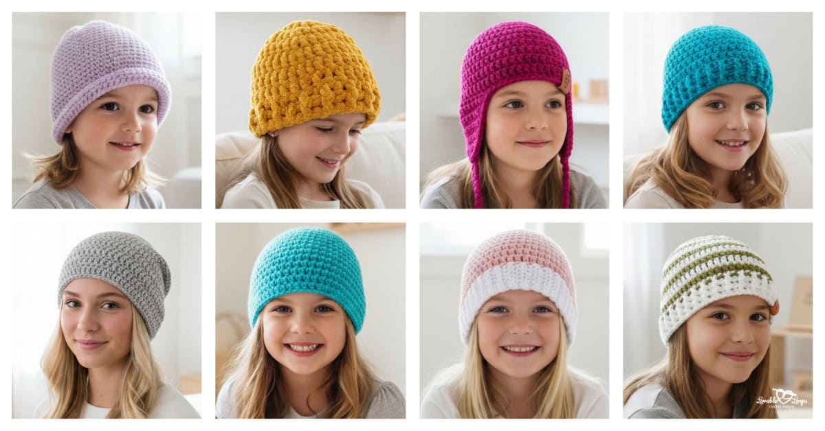 Free crochet hat patterns collage featuring beginner-friendly crochet hats and beanies in a variety of styles, including slouchy hats, striped beanies, chunky hats, earflap hats, and simple crochet caps for kids and adults.