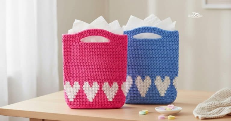 Two crochet heart treat bags standing on a light wood table, one pink and one blue, both filled with white tissue paper and styled with pastel candy hearts, a small dish, and a cream knit blanket.