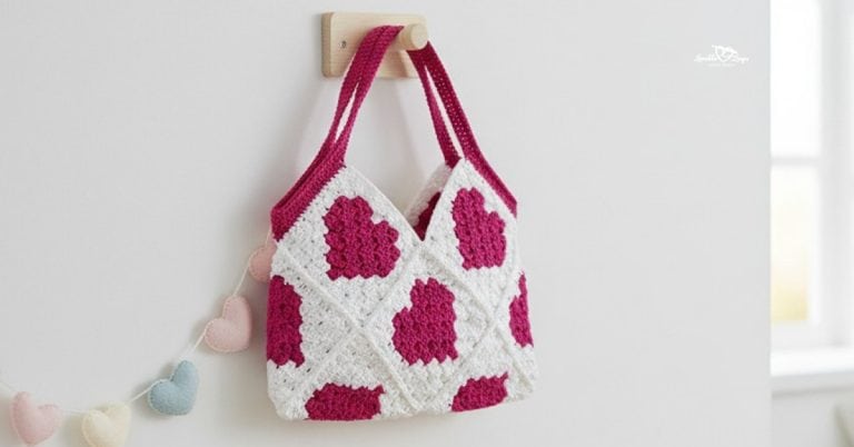 White crochet heart tote bag with pink heart motifs hanging from a wooden wall hook in a bright room, styled with a pastel heart garland on the wall.