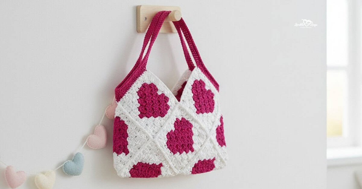 White crochet heart tote bag with pink heart motifs hanging from a wooden wall hook in a bright room, styled with a pastel heart garland on the wall.