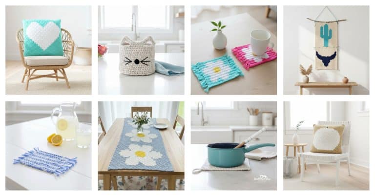 Collage of crochet home decor patterns featuring pillows, baskets, coasters, wall hangings, a table runner, and kitchen accessories.