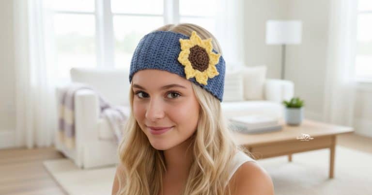 Woman wearing a blue crochet headband with a sunflower applique on the side in a bright airy room.