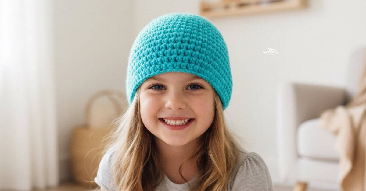 Young girl smiling while wearing a turquoise half double crochet beanie in a cozy neutral room.